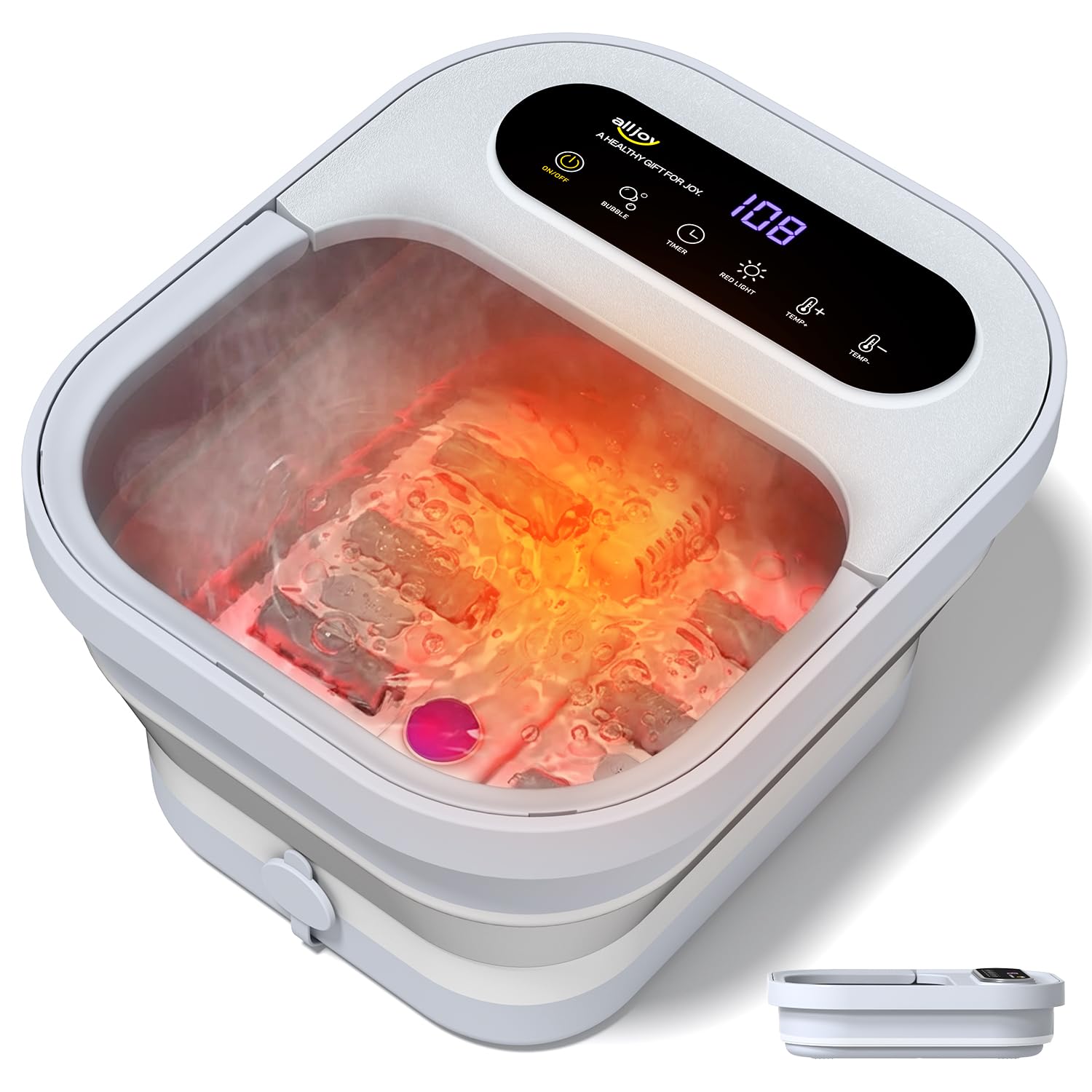 Highlights the overall design, portability, and the fact that this is a foldable heated foot spa rather than a bulky spa tub.