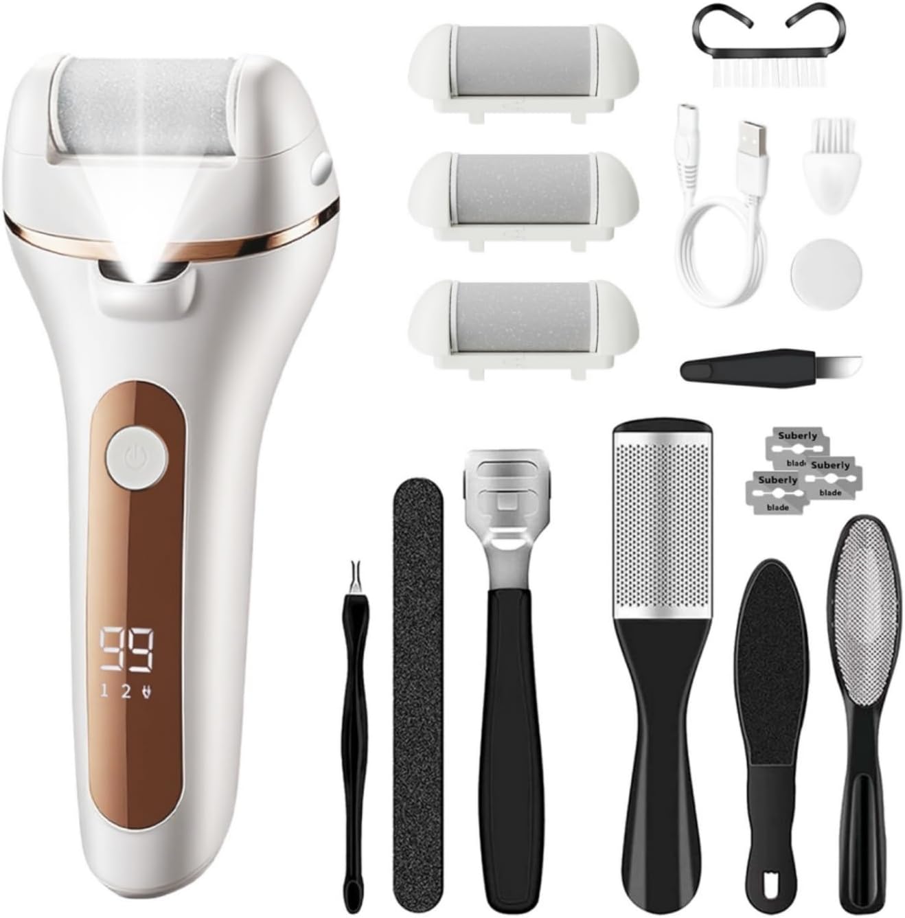 Introduces the device as the core solution for removing dead skin and smoothing heels, helping establish the product’s overall look and form factor.