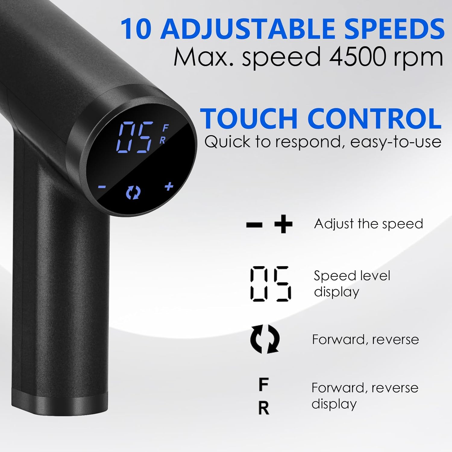 Core performance features such as adjustable speed, power, or touchscreen controls.