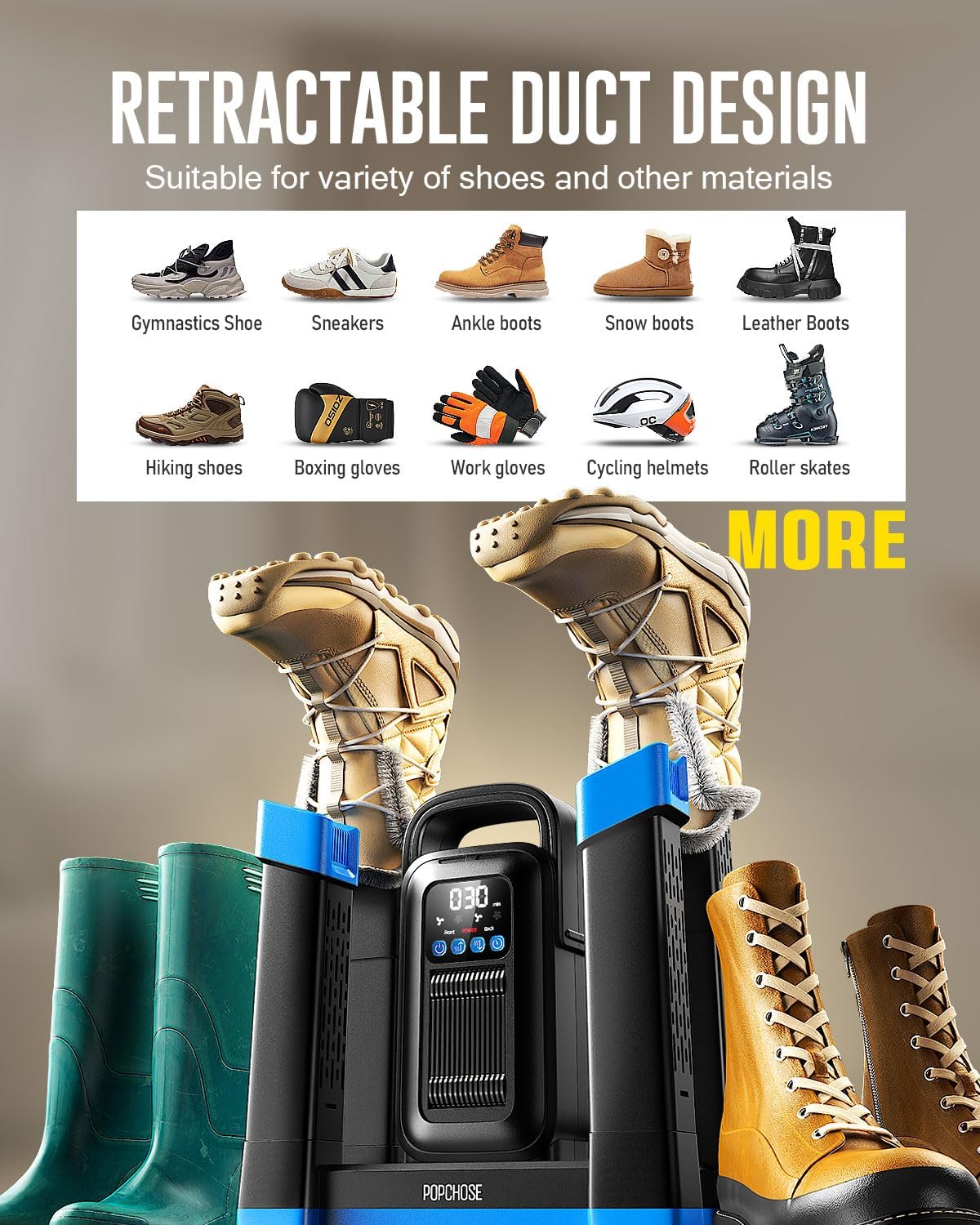 Expandability, tube reach, and capacity for different footwear sizes.