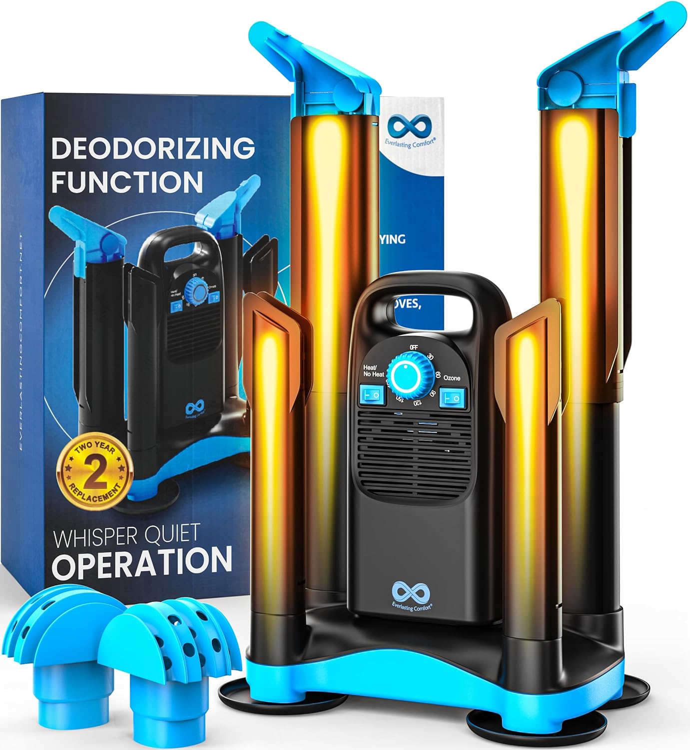 Overall product identity, compact footprint, and the fact that it is a forced-air boot dryer for footwear and gear.
