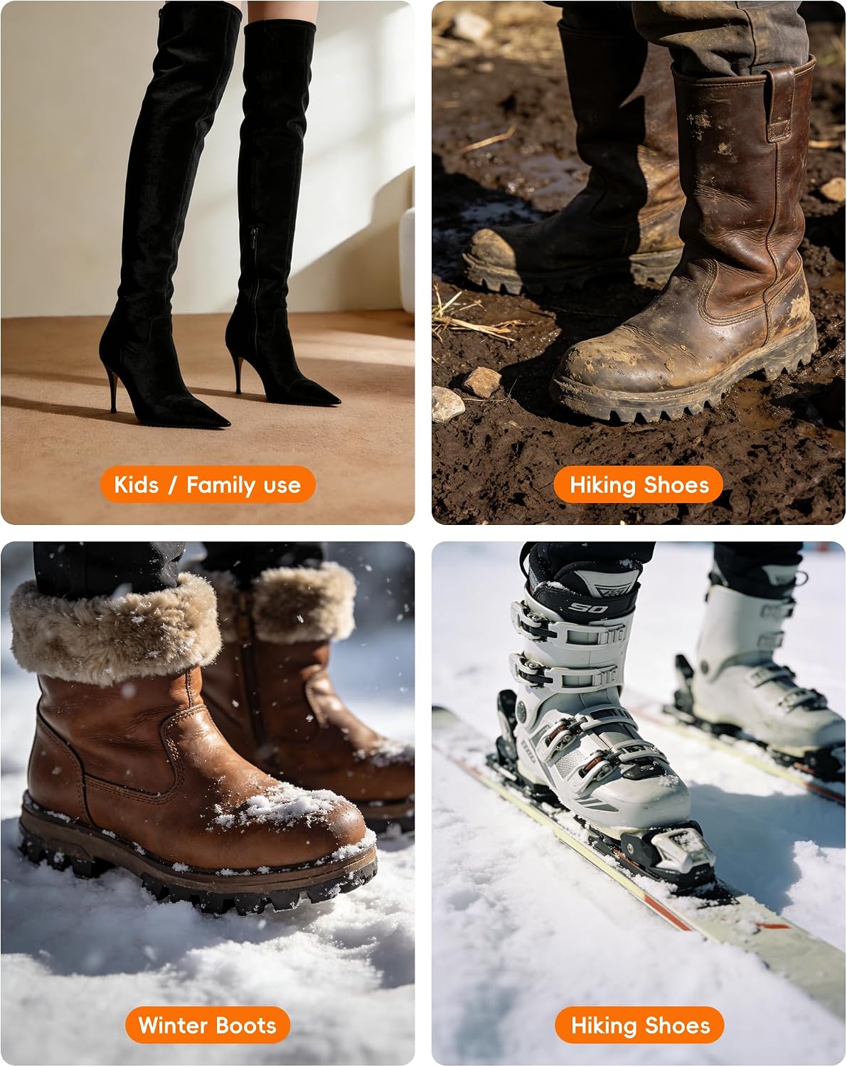 Versatility across shoe types, boots, and possibly gloves or accessories.