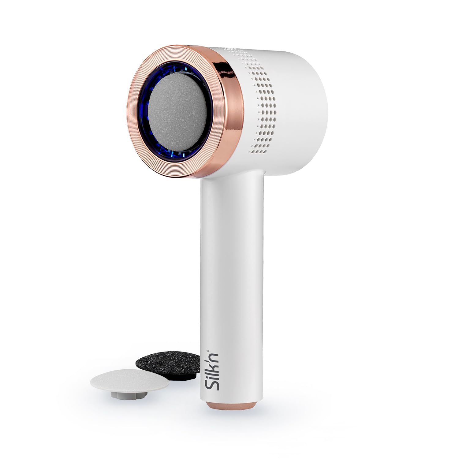 Highlights the overall device design, portability, and the fact that this is a premium electric foot-care tool.
