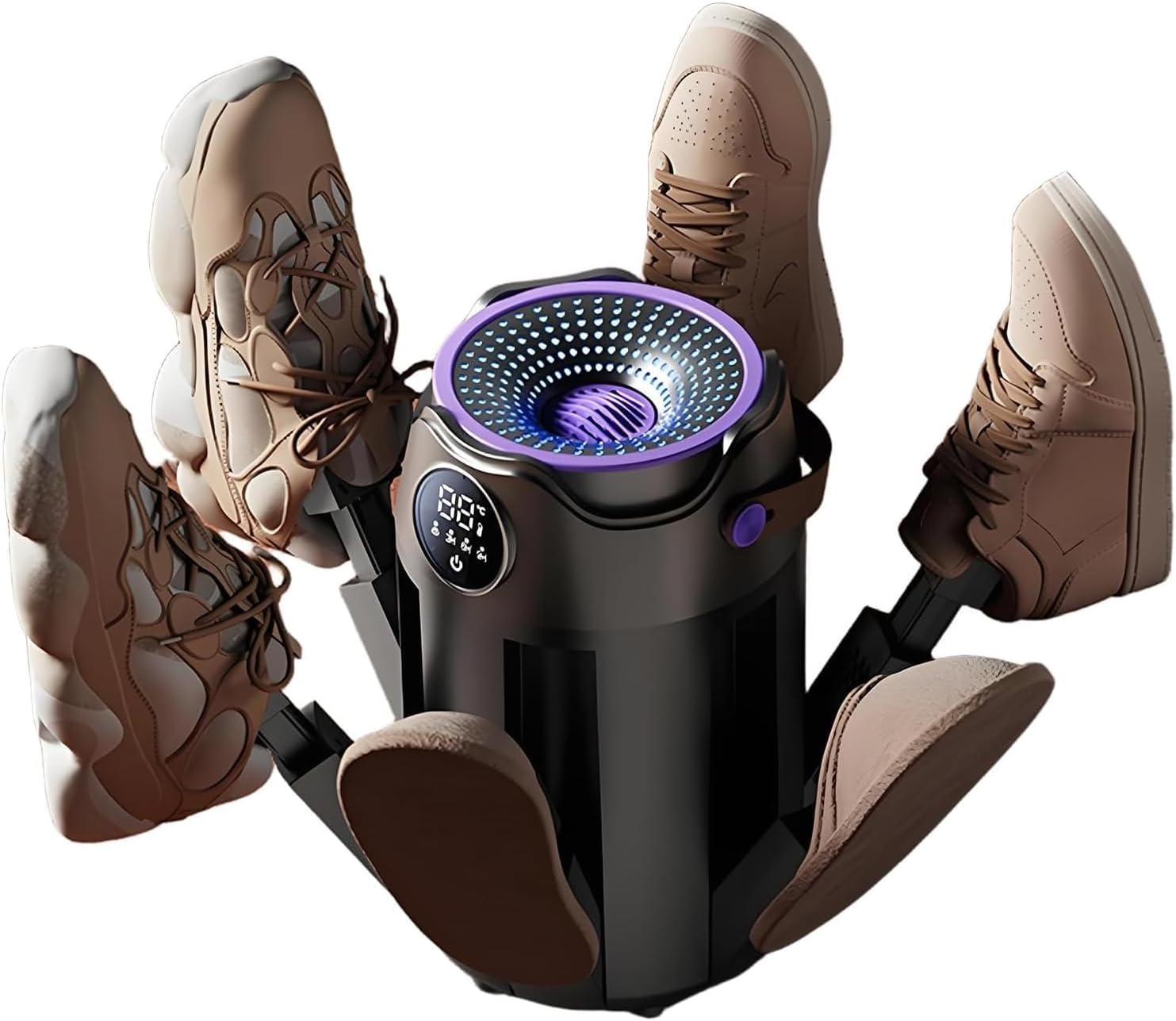 Highlights the overall form factor, portability, and the multi-arm drying concept that defines the product.