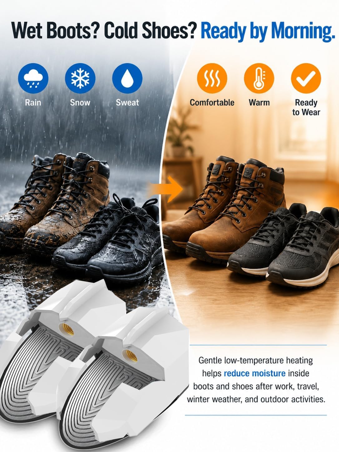 How the unit interfaces with footwear and the compact build of the inserts.