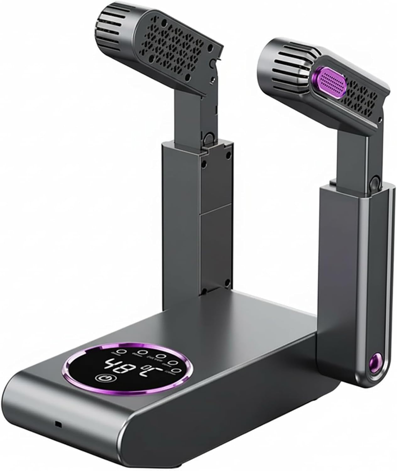 Highlights the overall form factor, metallic build, and adjustable design that make the unit look compact yet versatile.
