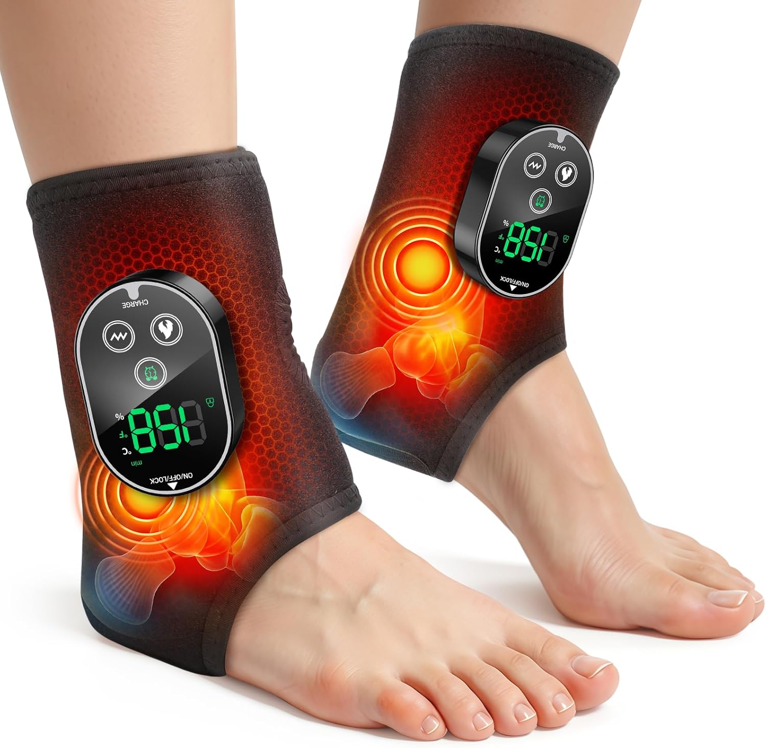 Highlights the product’s overall form factor, black colorway, and wearable wrap design for feet and ankles.