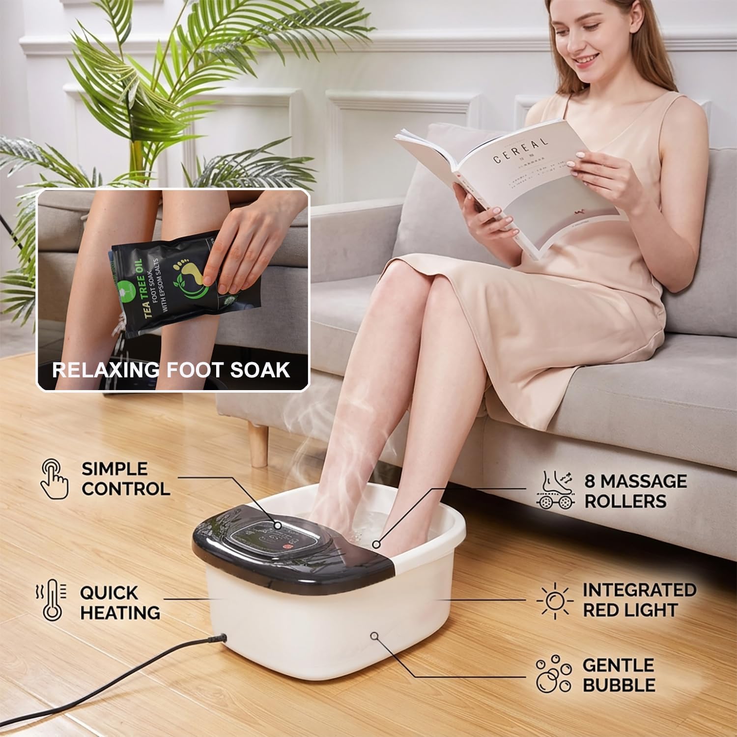 Helps communicate the soaking space and internal massage setup.
