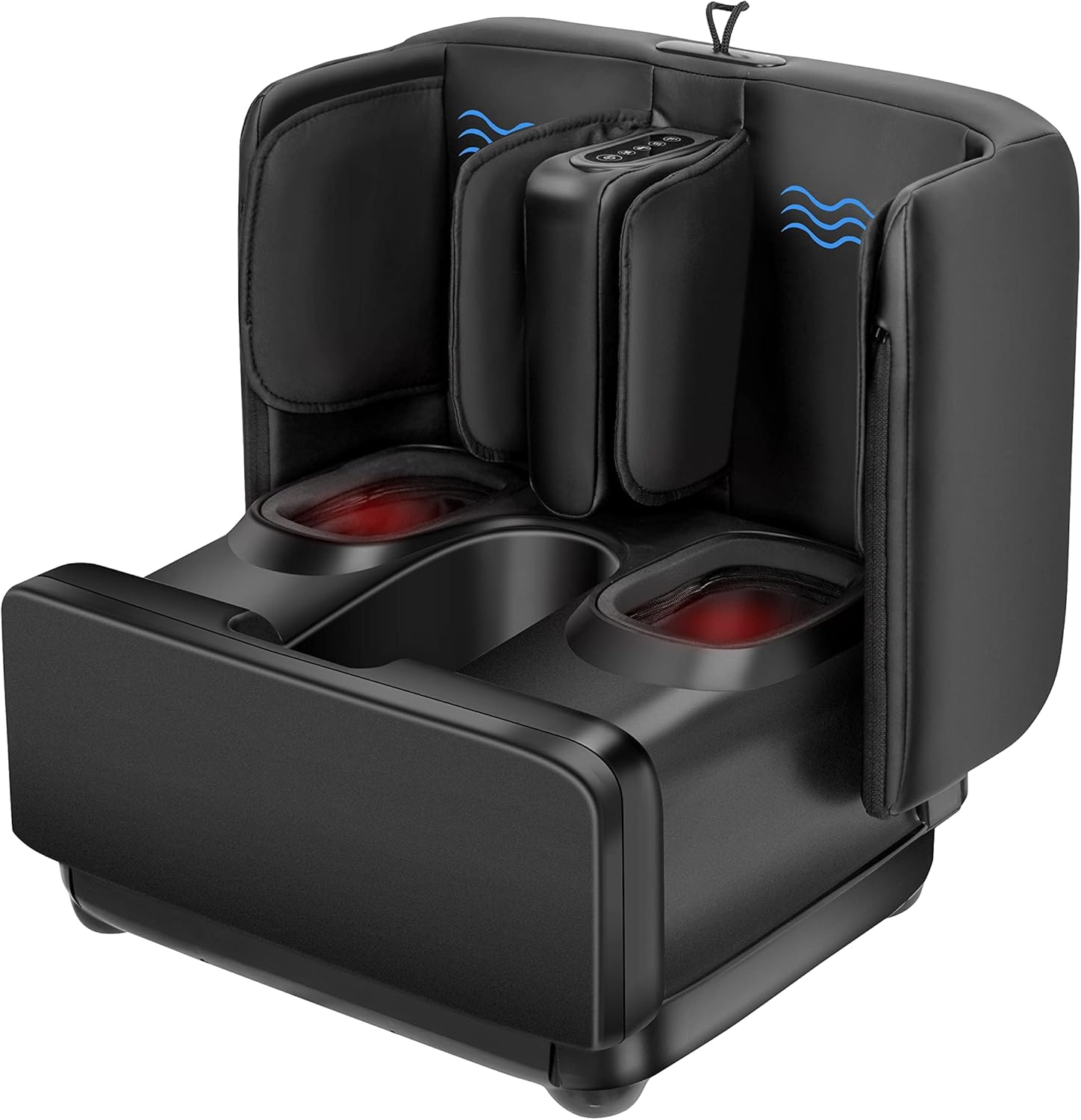 Highlights the dual-purpose design: a foot and calf massager that also works as a stylish ottoman foot rest.