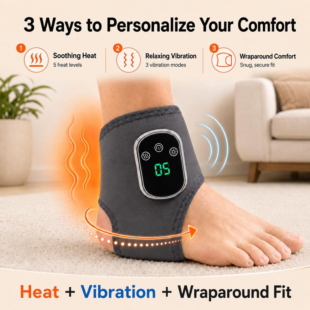 Highlights the control interface, fit, and the product’s design meant for easy operation and snug wrapping.