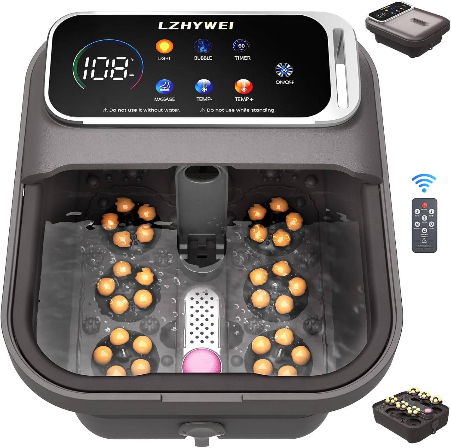Highlights the overall design, collapsible structure, and the impression of a feature-rich heated foot spa.