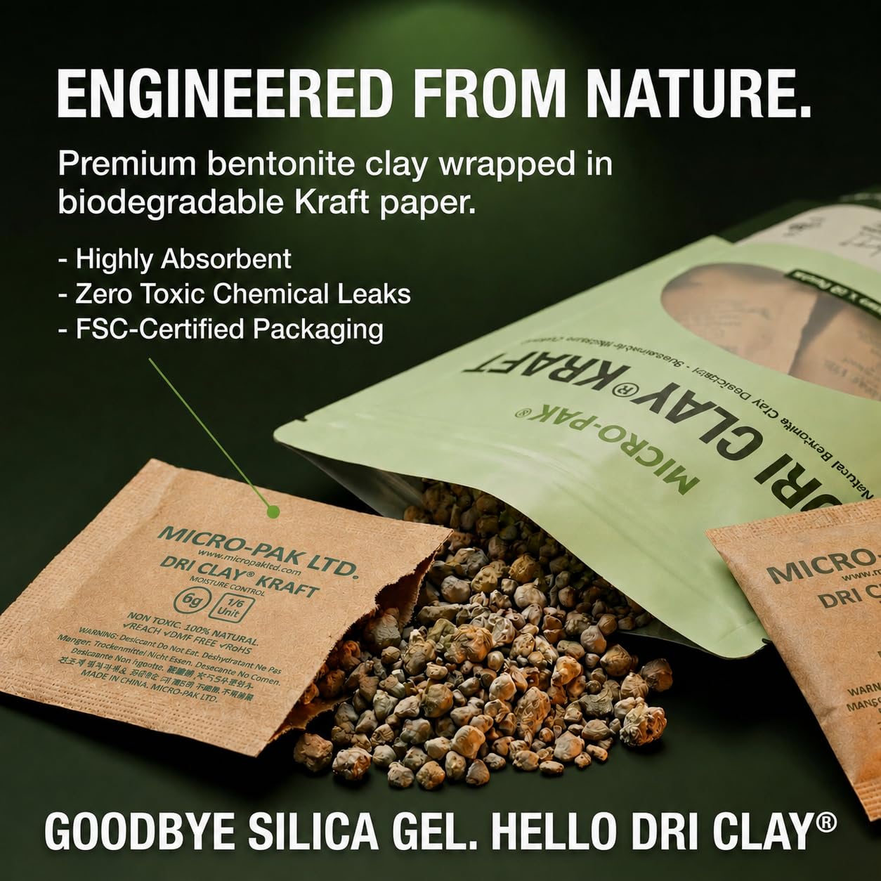 Highlights the product as an alternative to silica gel and positions it around performance and sustainability.