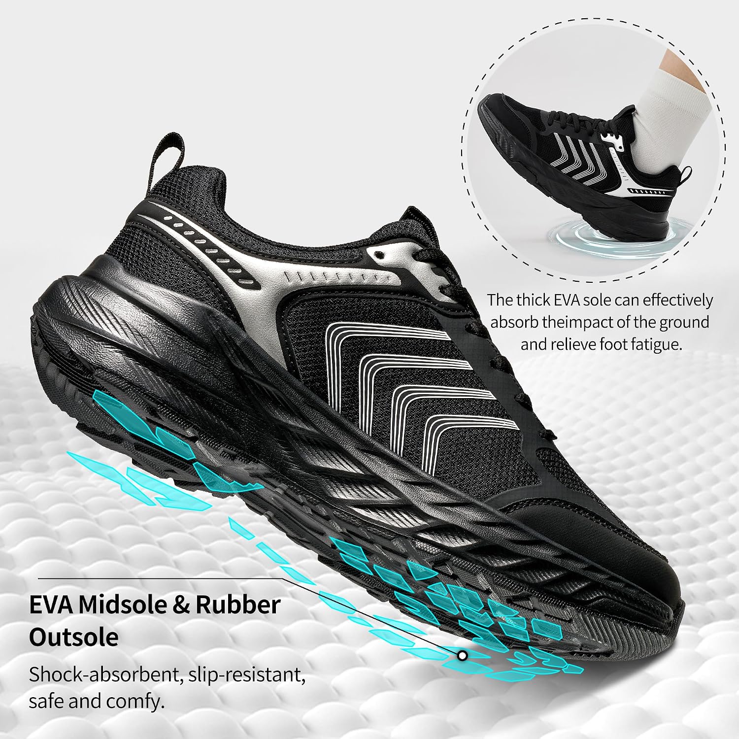 Highlights the EVA sole and the cushioning claim, which is central to pain relief and impact absorption.