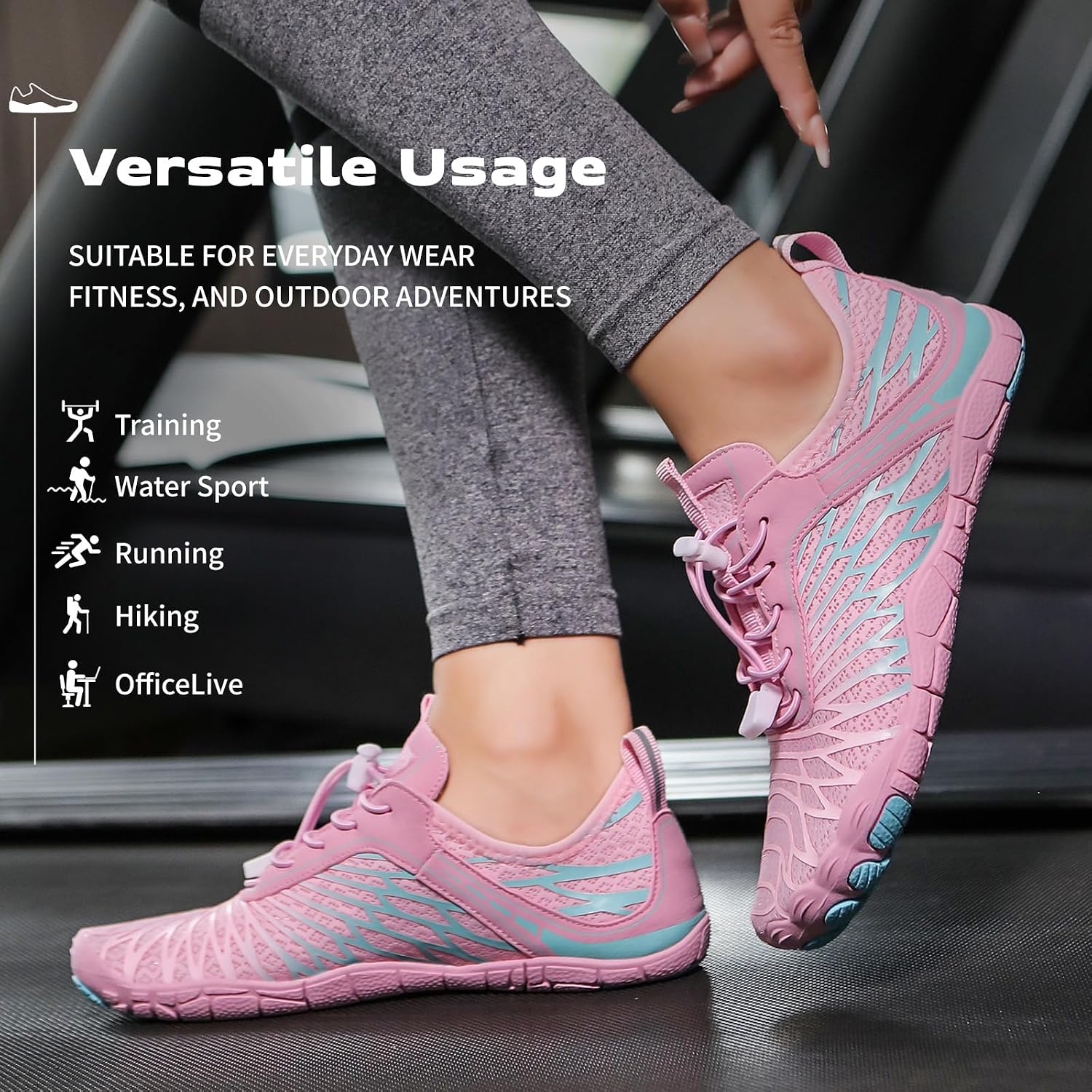 How the shoe fits the foot from the side, including low-profile barefoot feel and sole design.