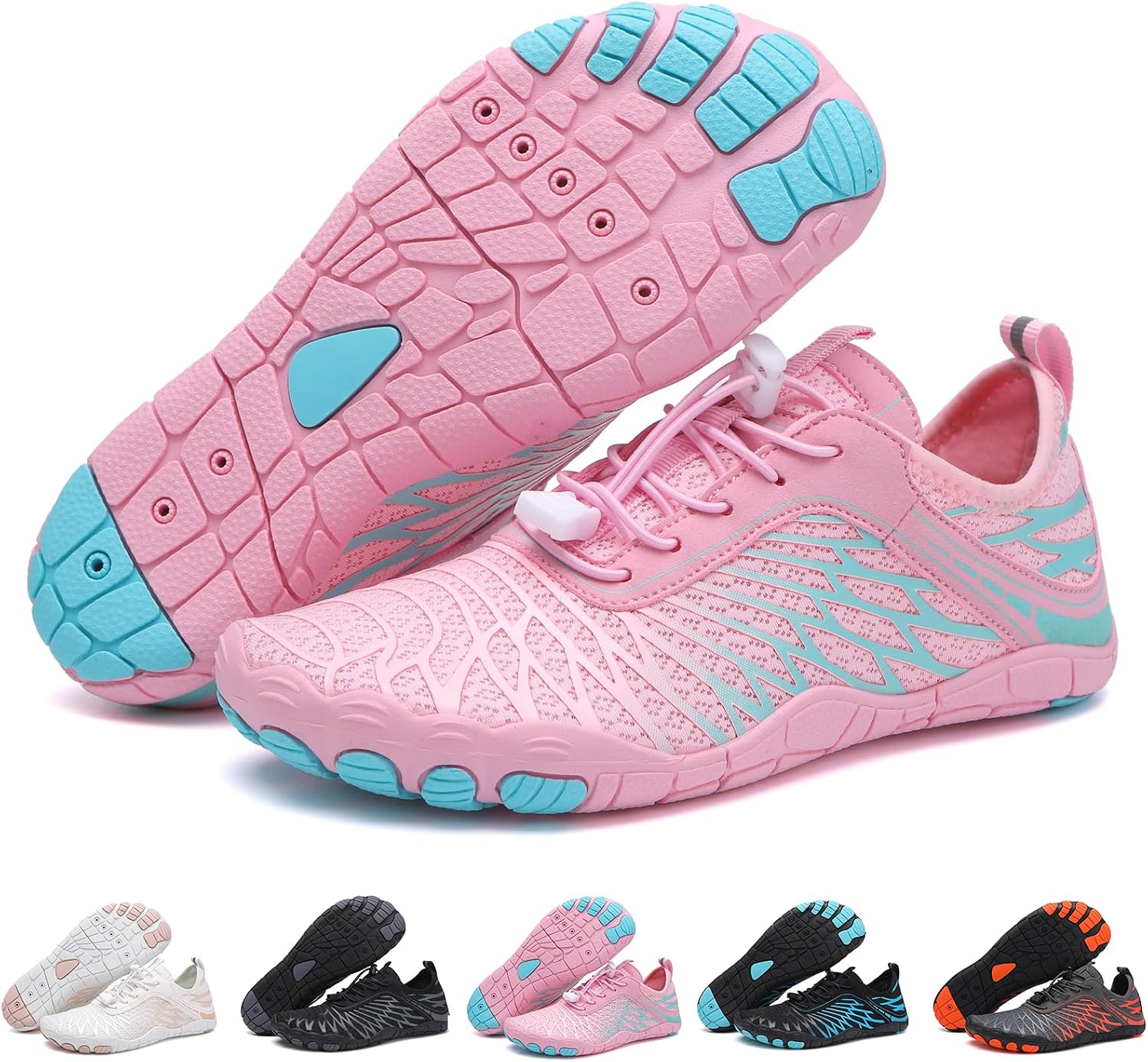 Overall silhouette, color, and the minimalist barefoot-water-shoe design with a wide toe shape.