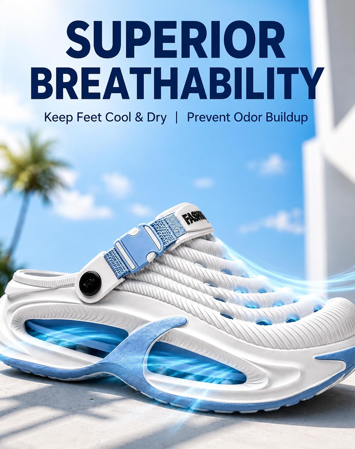 Useful for illustrating comfort-oriented construction and the raised platform sole that may aid cushioning.