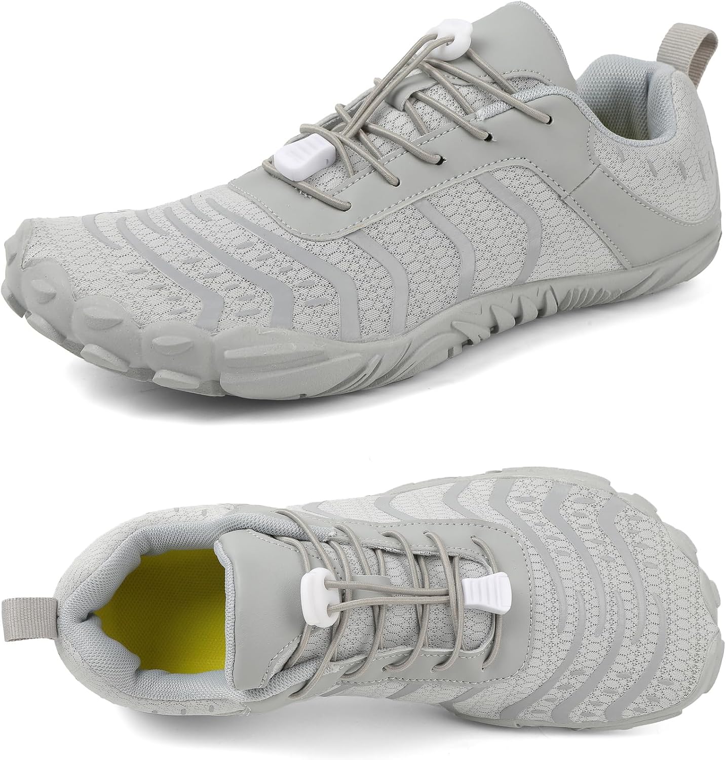 Highlights the overall design, minimalist profile, and wide toe box shape that define the product at first glance.