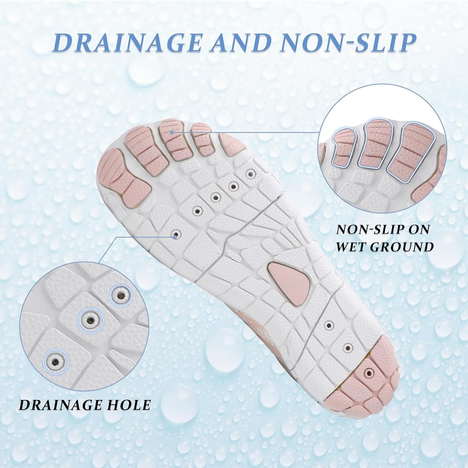 Non-slip traction, sole pattern, and durability-oriented construction.