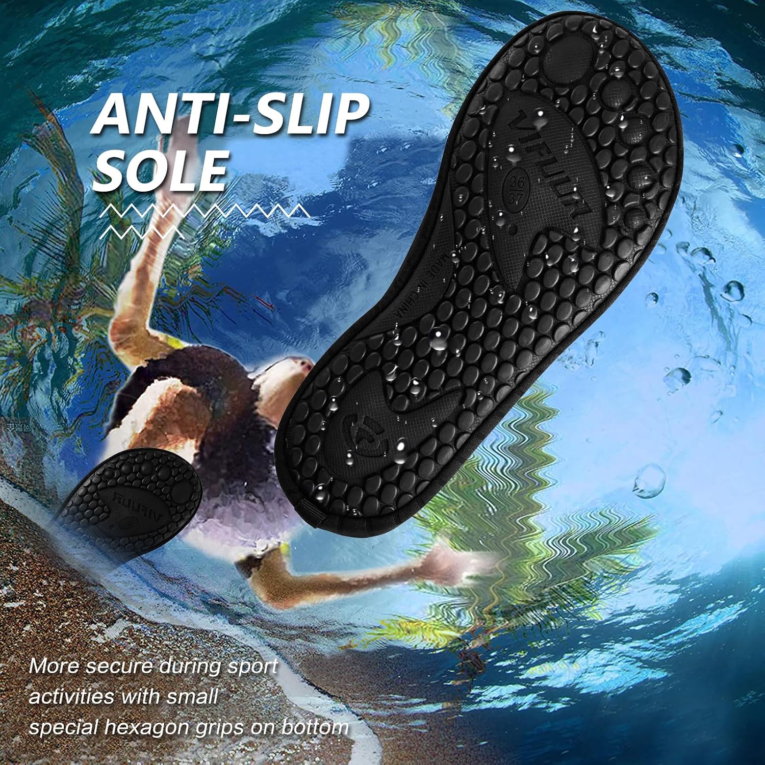 Traction, sole durability, and water-friendly functionality.