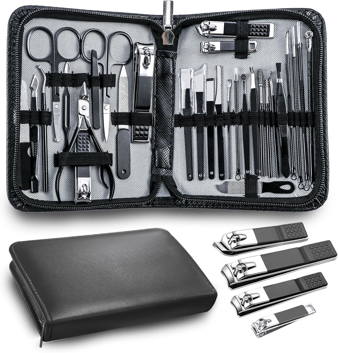Shows the complete set, black colorway, and overall value proposition of a 30-piece grooming kit.