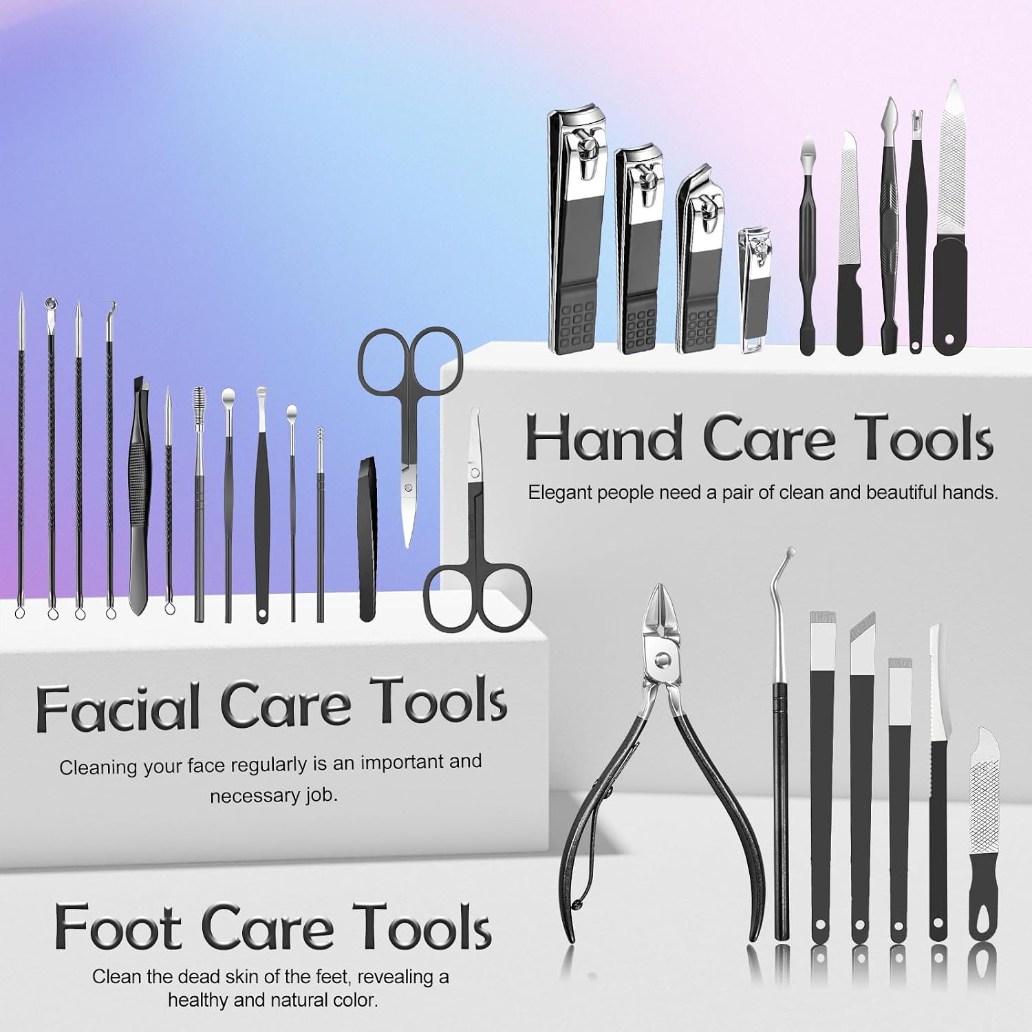Helps readers understand the variety and purpose of the tools, such as nail trimming and facial grooming.