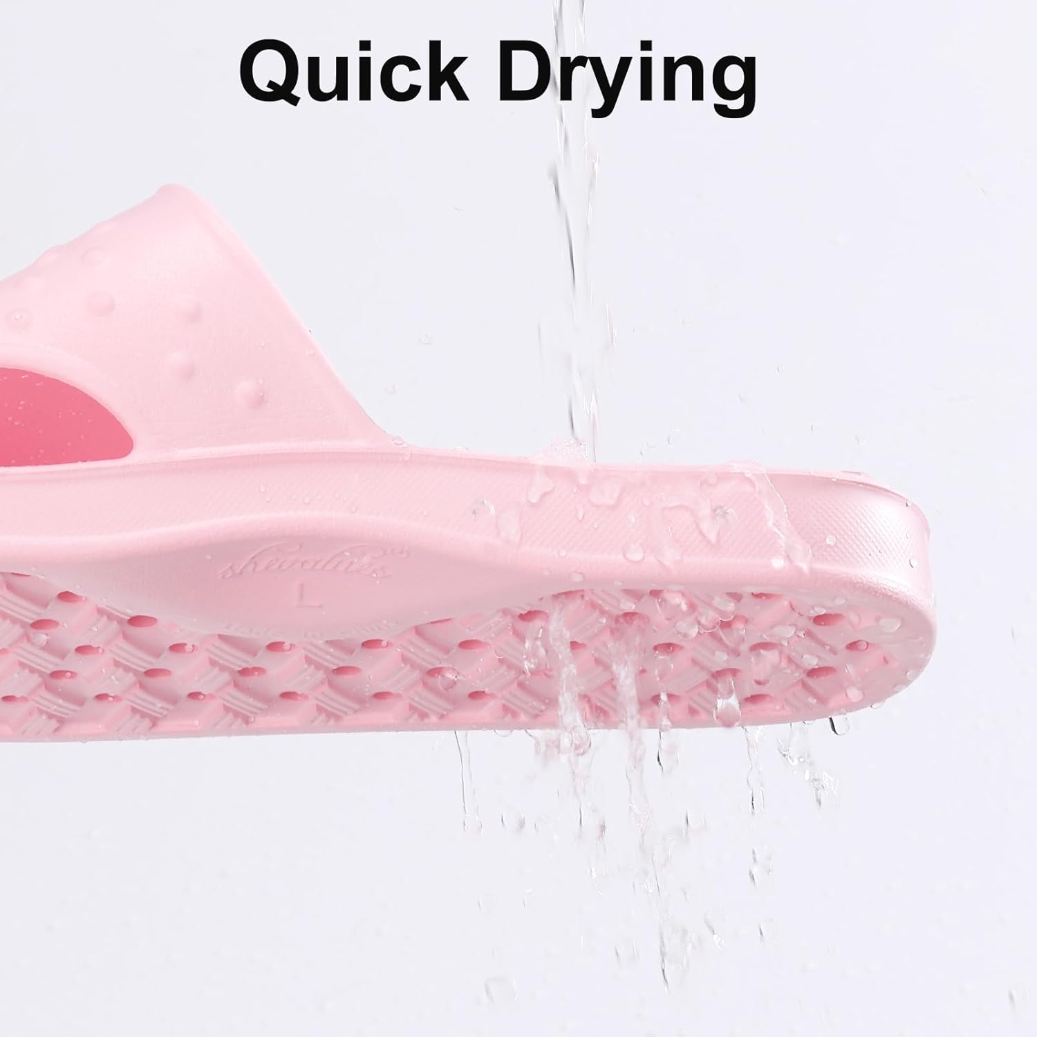 Material texture, drainage features, and quick-dry construction.