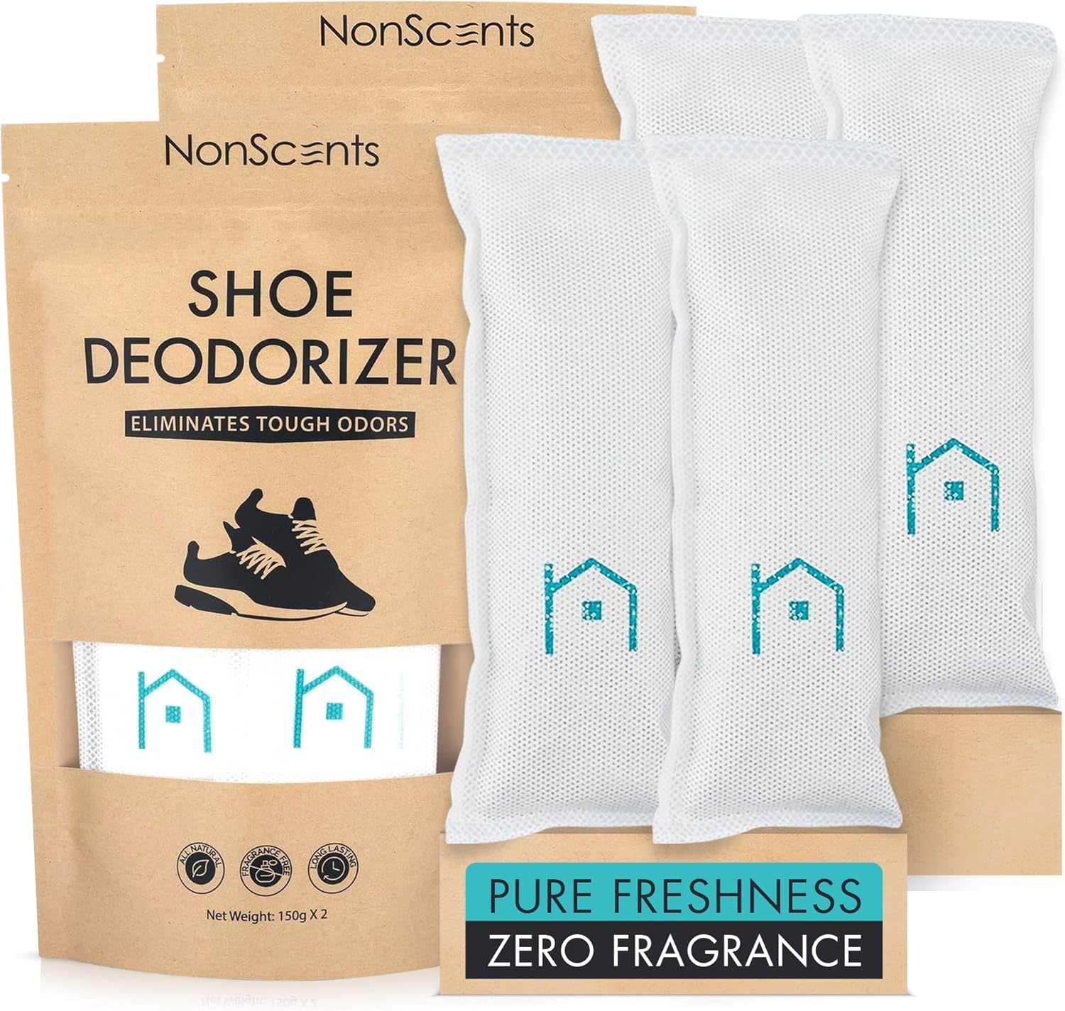 Highlights the product identity, packaging, and the fact that this is a compact odor-elimination solution for shoes.