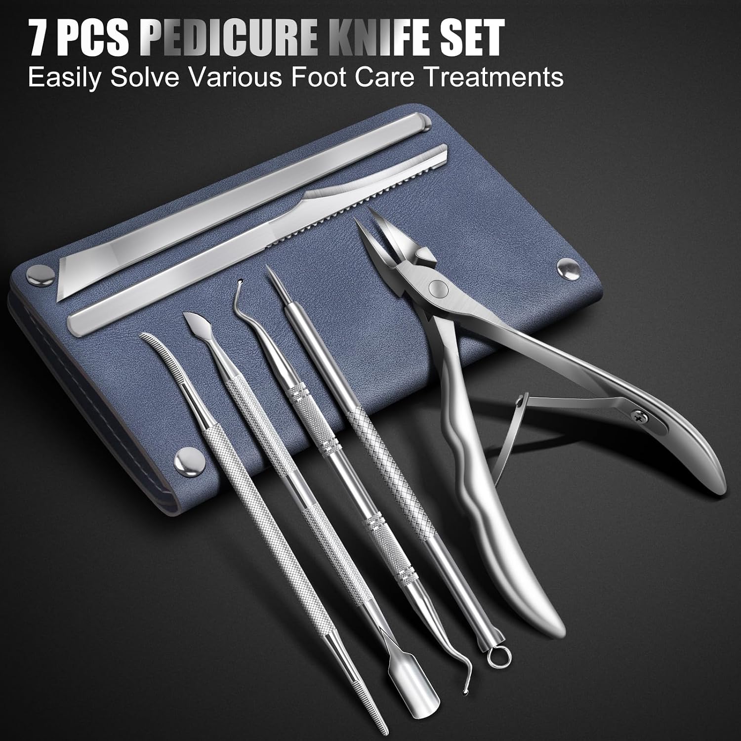 Highlights the metal finish, tool shape, and the specialized design for ingrown and thick nails.