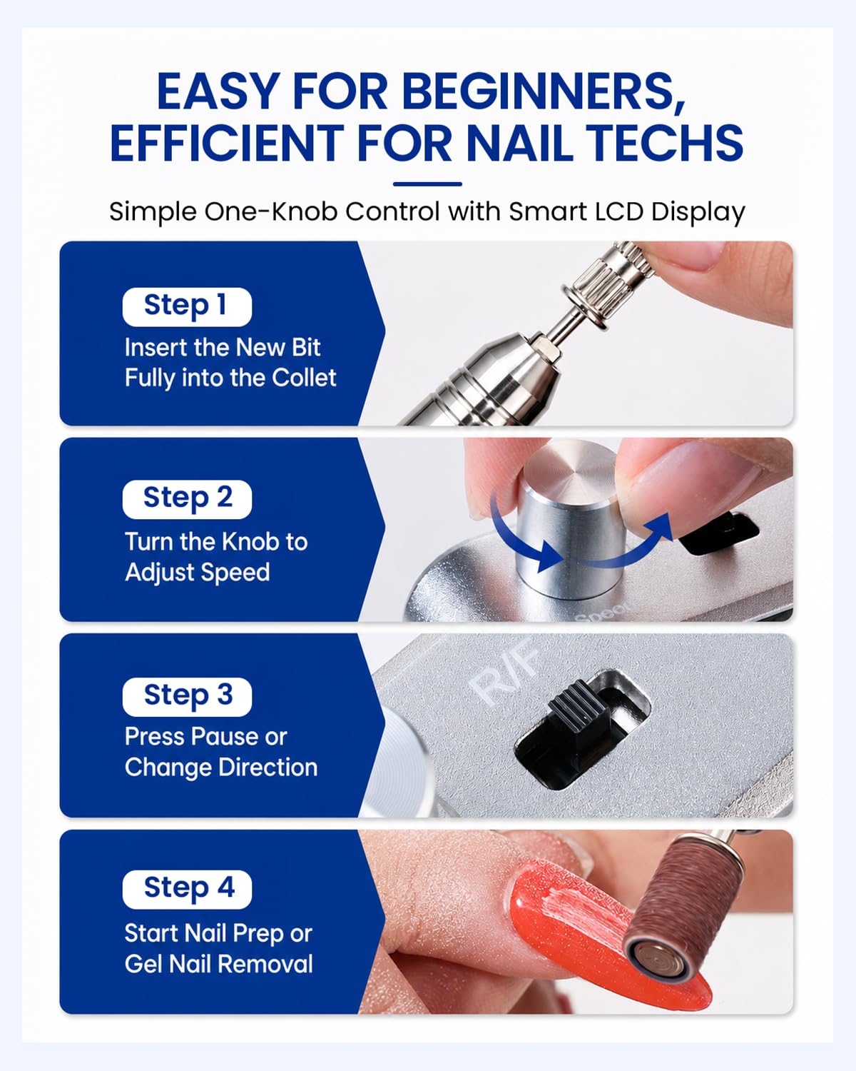 Best for explaining LCD readout, RPM control, and the user-friendly adjustments that make the drill easier to operate.