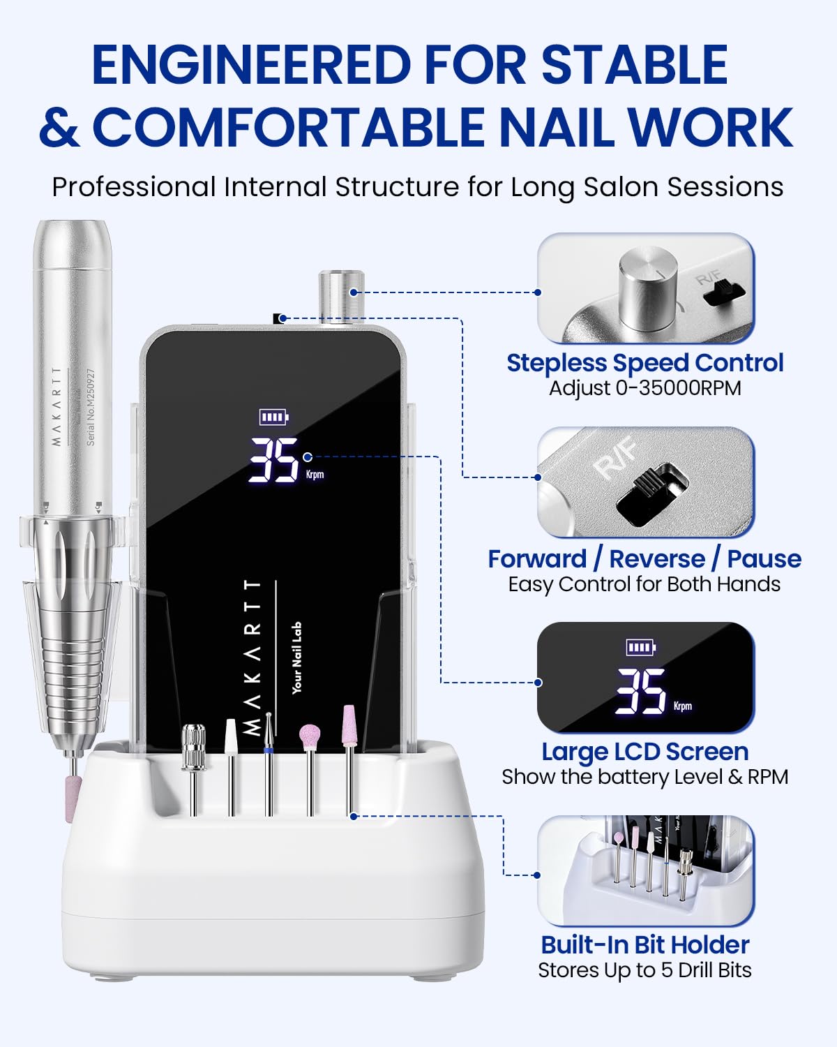 Makartt Professional Nail Drill For Nail Techs: 35000Rpm E-File, Black | 60W Coreless Motor, Stepless Speed, 2-In-1 Desktop & Portable, 14H Battery, F&R, Quiet, Fast Acrylic Removal, Salon Home Use