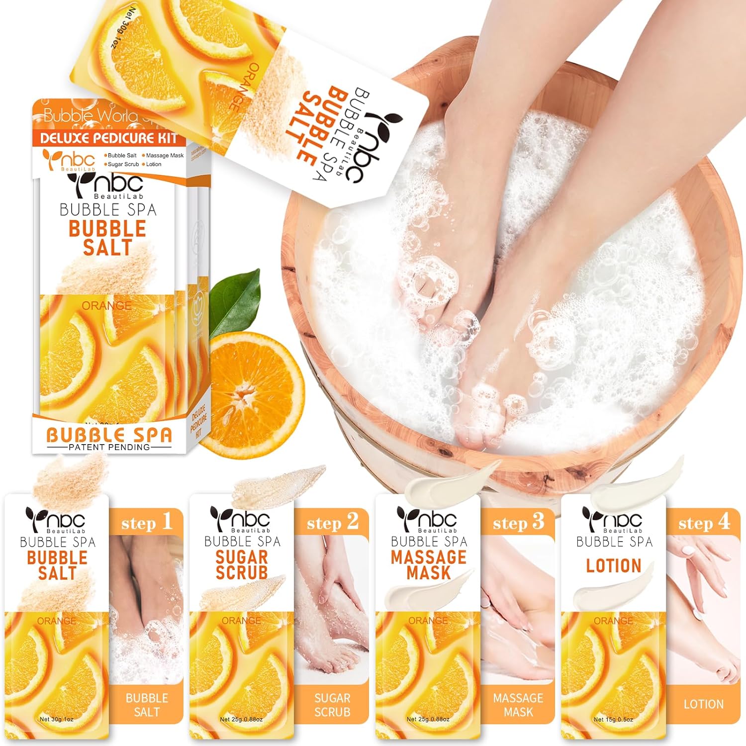 Shows the full kit at a glance and reinforces the complete at-home pedicure concept.