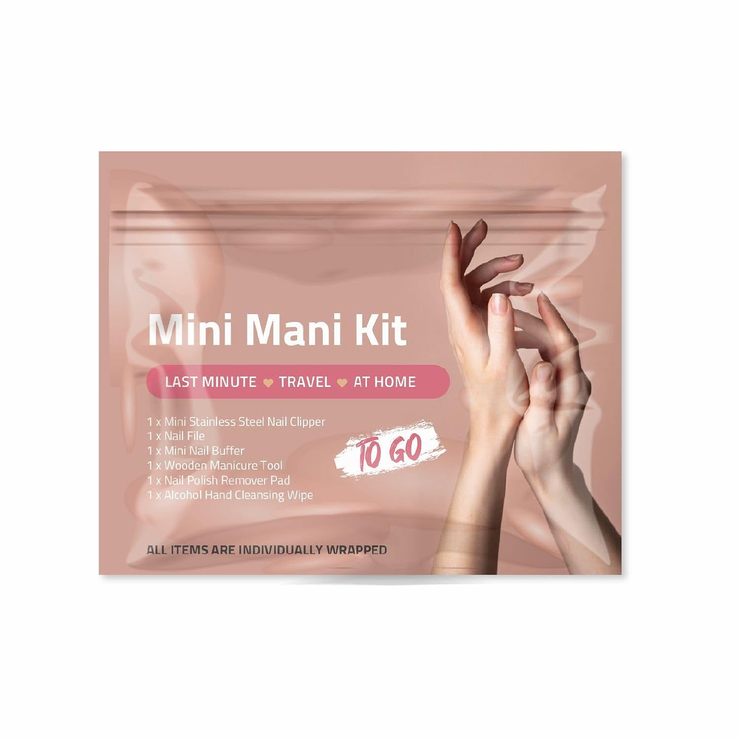 Immediately communicates the kit format, compact size, and the idea of an all-in-one disposable manicure solution.