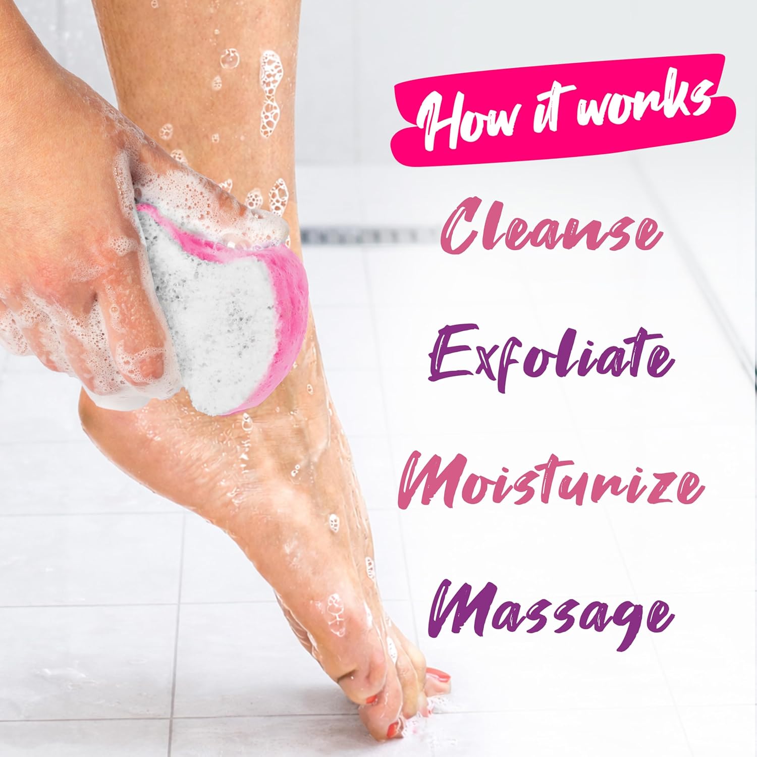 Useful for showing how the exfoliating side differs from the softer cleansing side and what makes the product functional.