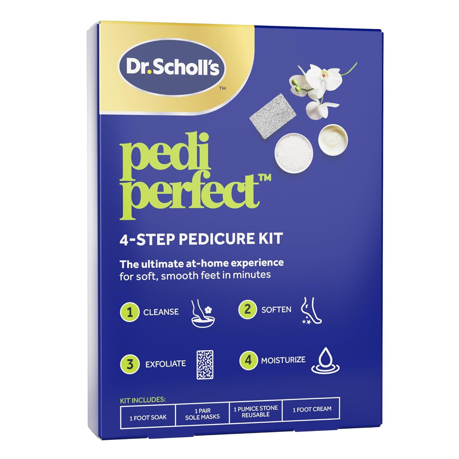 Shows the full kit presentation and makes it clear this is an all-in-one at-home foot care solution.