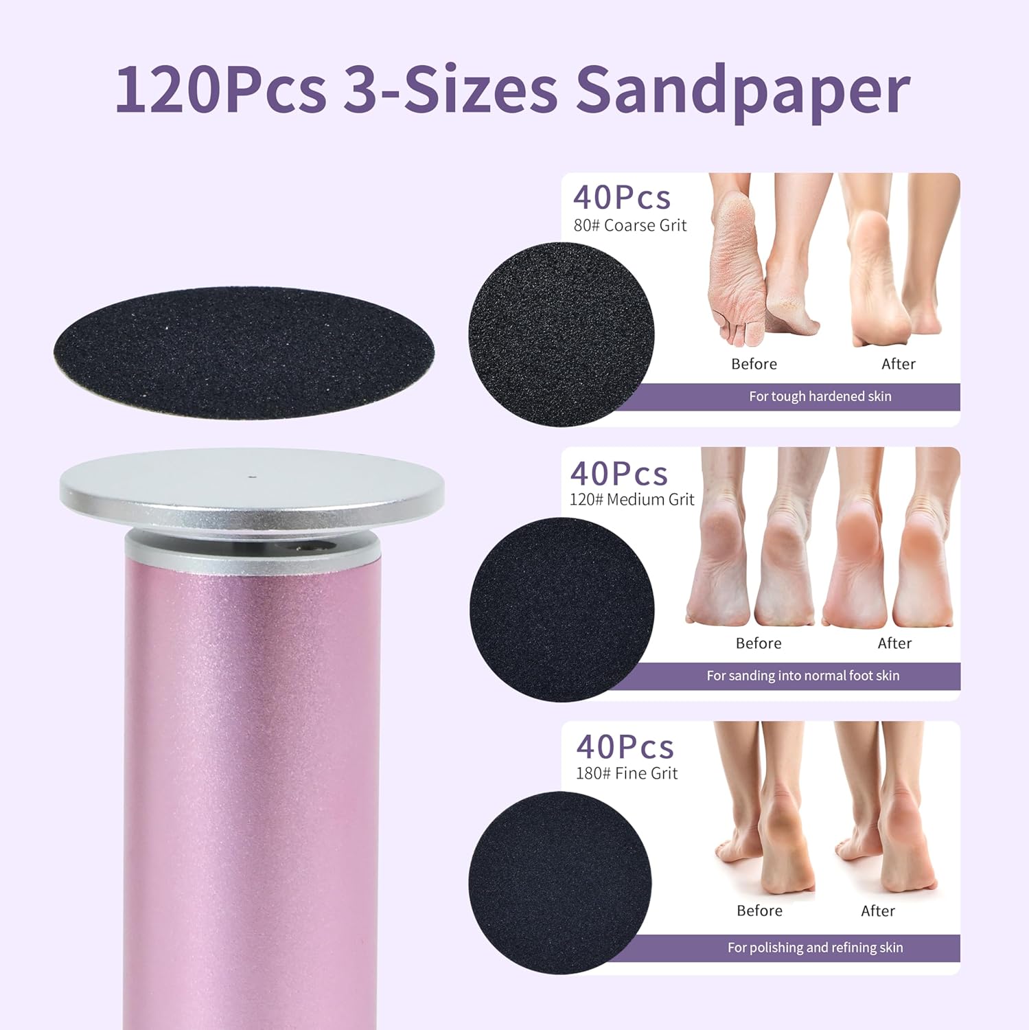 Highlights the sanding-disc system and how the exfoliation head is designed to work on rough skin and calluses.