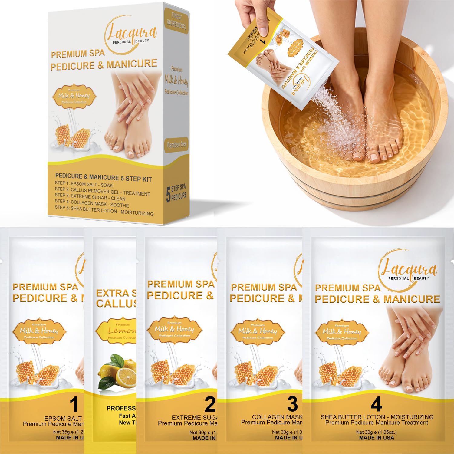 Shows the complete set and helps confirm the product is a 5-step all-in-one foot care kit.