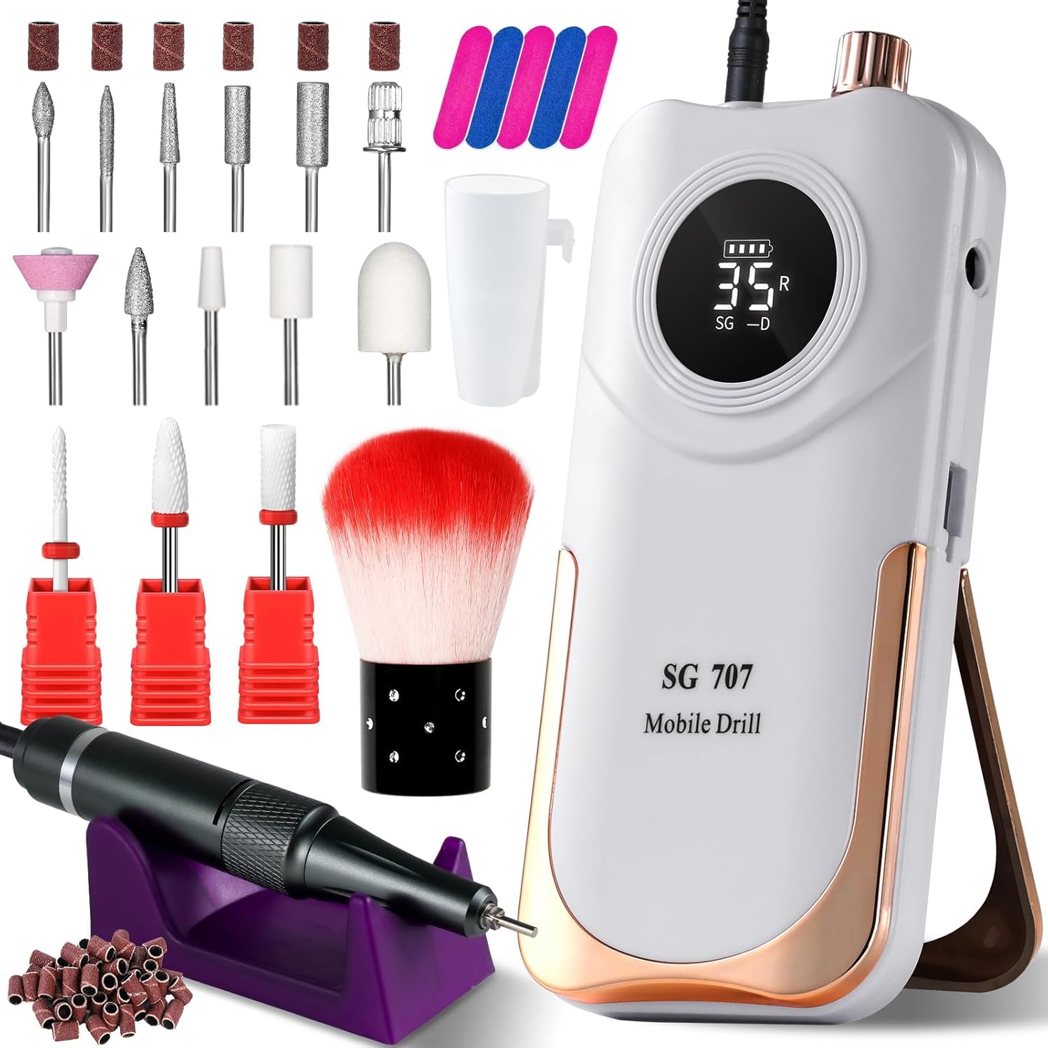 Shows the product as a complete portable nail drill system and emphasizes the white colorway, compact size, and bundled setup.