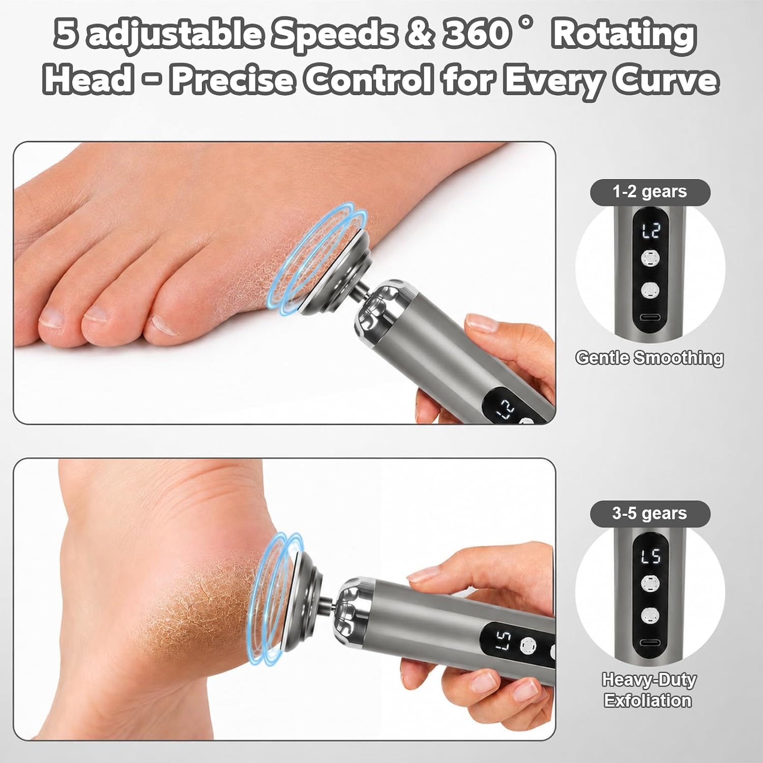 The interchangeable head system and how the device handles different foot-care tasks.