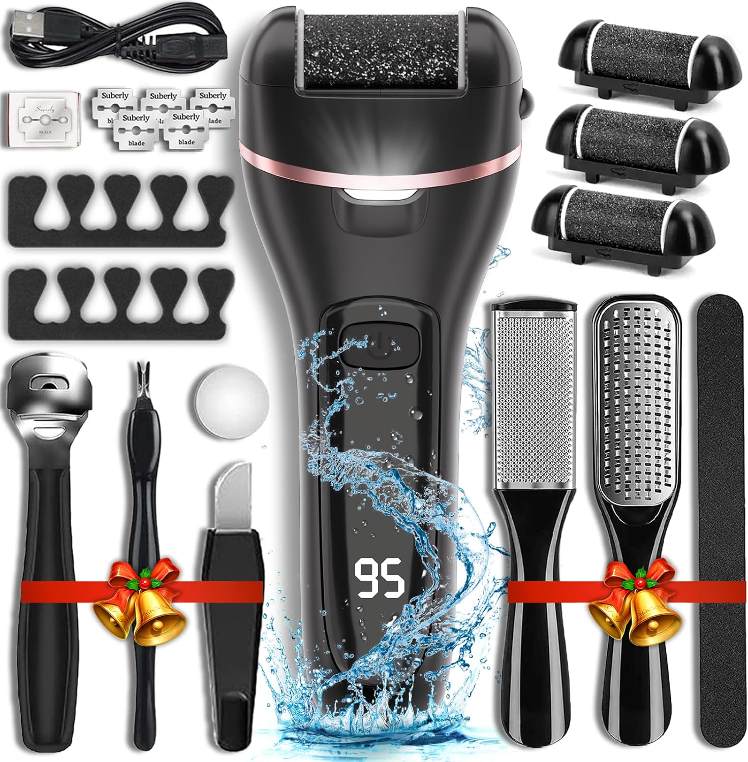 Highlights the overall kit presentation and helps communicate that this is a multi-piece foot care set, not just a single tool.