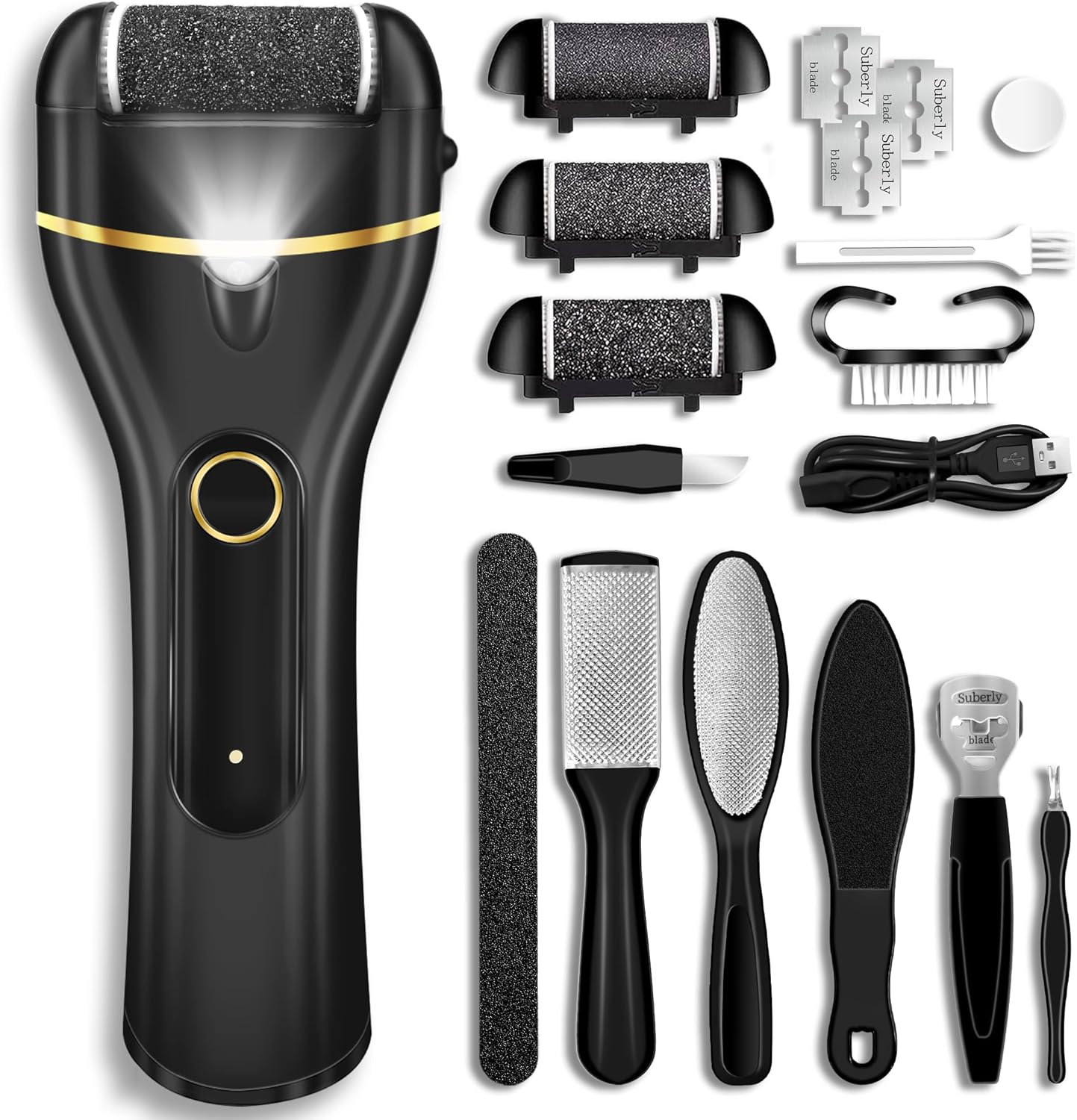 Highlights the complete kit presentation, including the device and multiple attachments, which supports the product’s value proposition.
