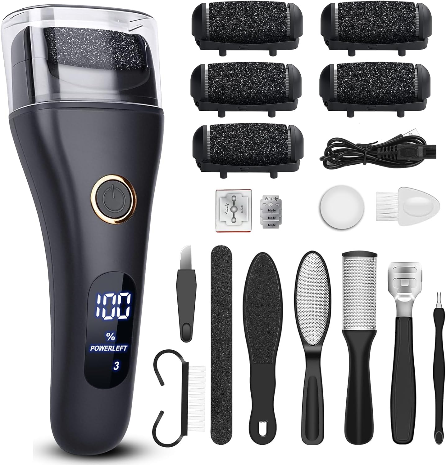 Shows the full first impression: the device, replacement heads, and bundle value.