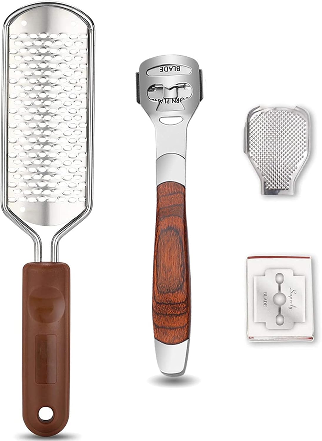 Highlights the overall kit contents, shape, and premium-looking stainless steel and wood-handle construction.