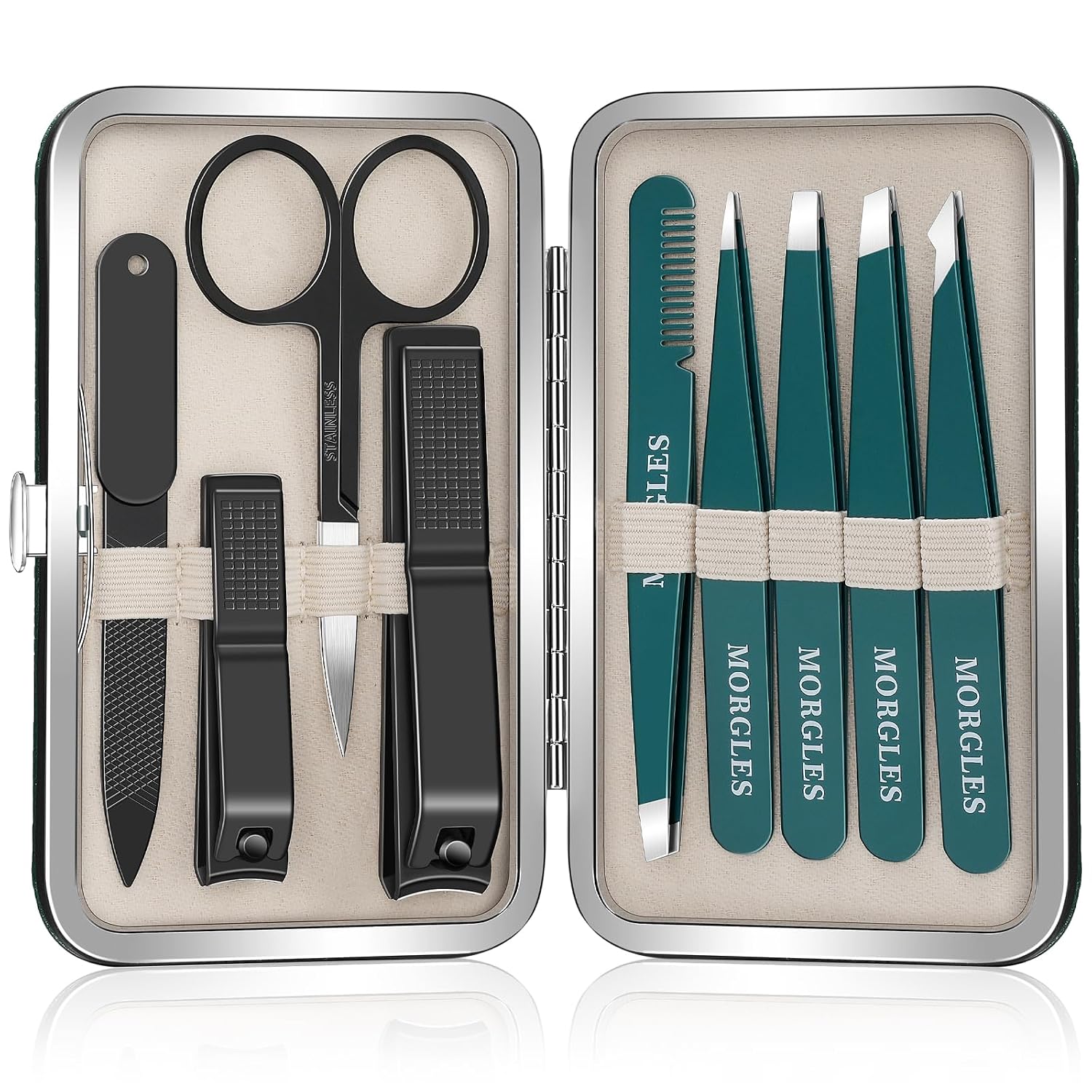 Morgles Tweezers Set 9 Pcs Nail Clipper Kit With Case For Eyebrows Grooming
