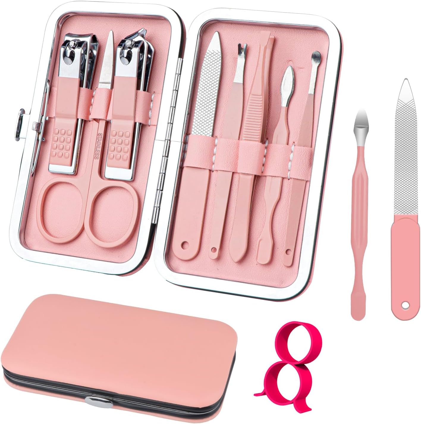 Manicure Set 8 In 1 Nail Clipper Set, Redflow Nail Clippers, Fingernail & Toenail Clippers, Manicure Tools, Pedicure Tools, Suitable For Travel Manicure Kit, Nail Set Kit With Everything Profe (Pink)