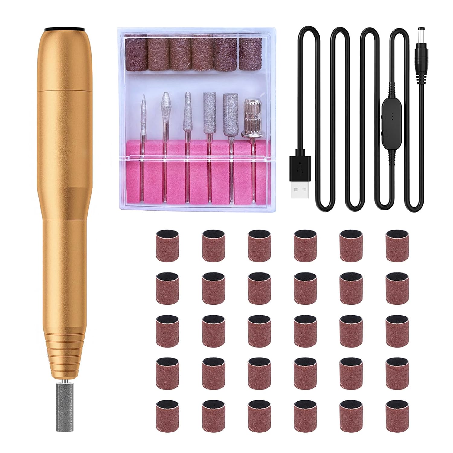 Professional Electric Nail Drill Kit - Variable Speed Control For Acrylic & Gel Nails, Manicure & Pedicure | Includes 6 Grinding Bits, Quiet & Smooth Operation (Gold)