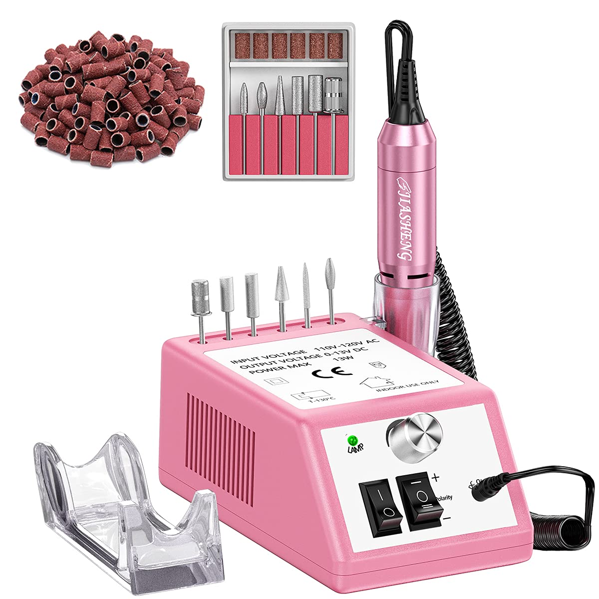 Overall kit presentation, including the drill handpiece and included accessories.
