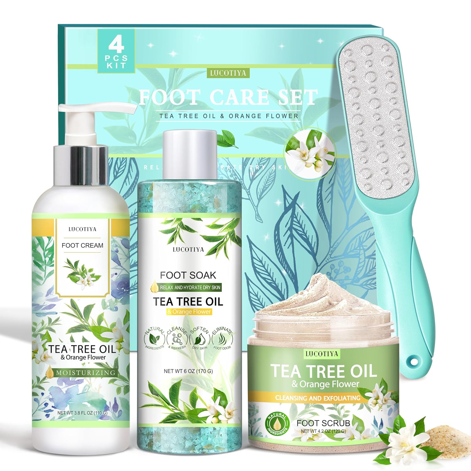 Shows the full bundle and reinforces that this is a complete 4-piece foot care solution.