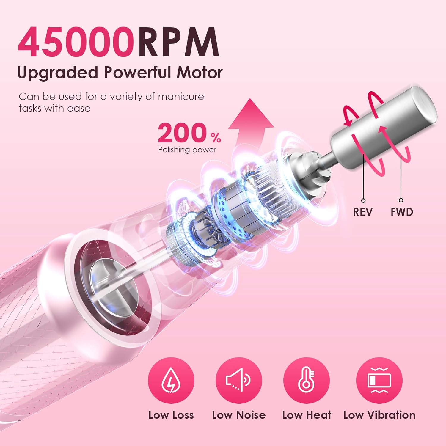 Helivive Cordless Nail Drill 45000Rpm Pink