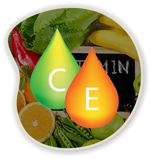 Vitamin C and E graphic over a produce background.
